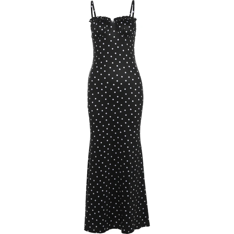 Summer Trend Slash Neck Dress Women Polka Dots Print Spaghetti Strap Skinny Elegant Clubwear Maxi Bodycon Vestidos