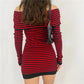 Y2K Women Striped Knit Bodycon Dress Off The Shoulder Long Sleeve Button Detail Slim Fit Mini Dress Night Party Clubwear
