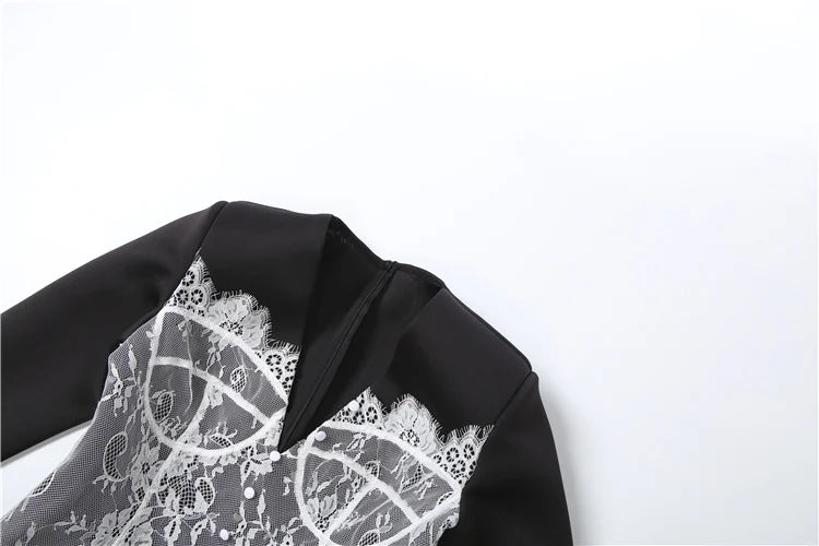 Elegant Lace Patchwork Maxi Dresses Woman Luxury V-Neck Full Sleeve High Splits Hem Midnight Prom Party Hipster Vestidos