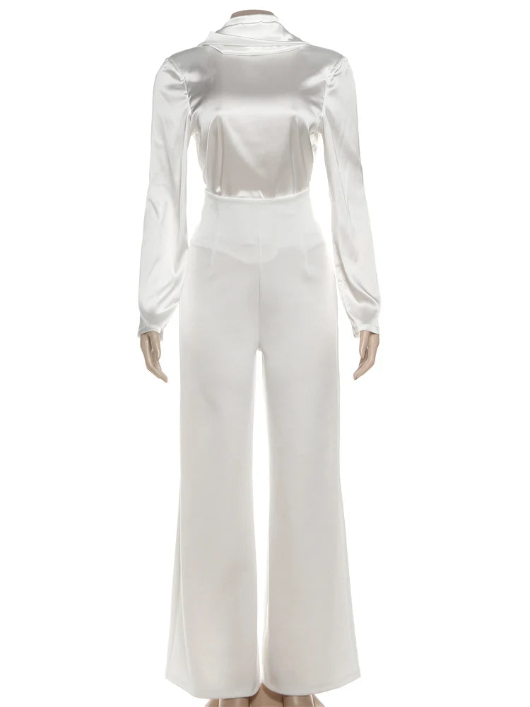 Smooth Office 2-Piece Set Women Satin Lace-Up Pile Collar T-shirt+Zip High Waist Straight Pants Commute Elegant Outfits