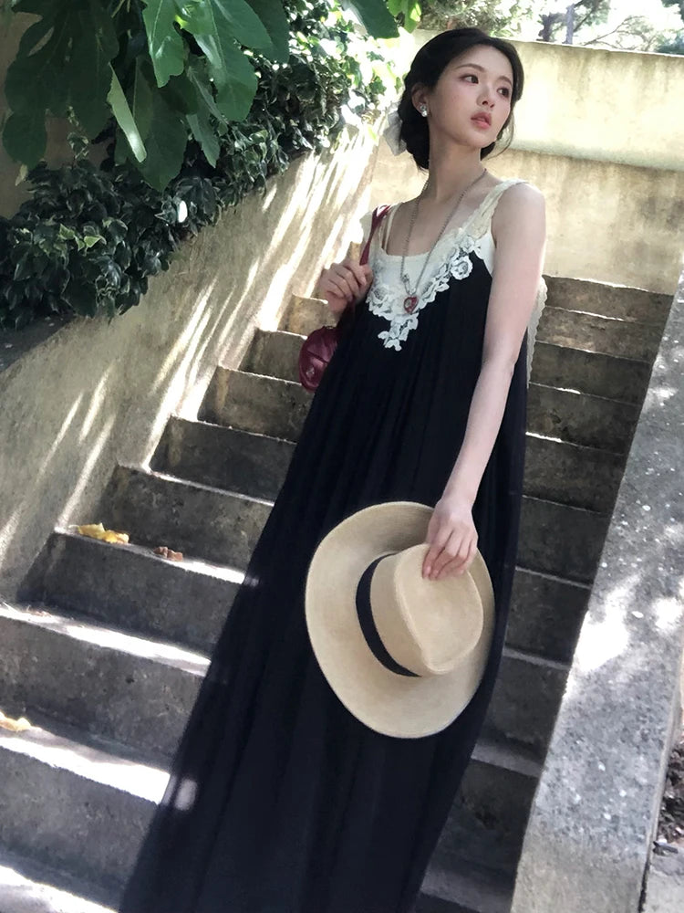 Summer Daily Vacation Patchwork Lace Tassel Maxi Dress Women Folds Loose Sleeveless Backless Fashion Leisure Vestidos