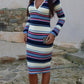 Stripe Patchwork Knit Dress Women Skinny Long Sleeve Lapel V-Neck Sexy Stretchy Skinny Peach Hip Commute Mid Bodycon