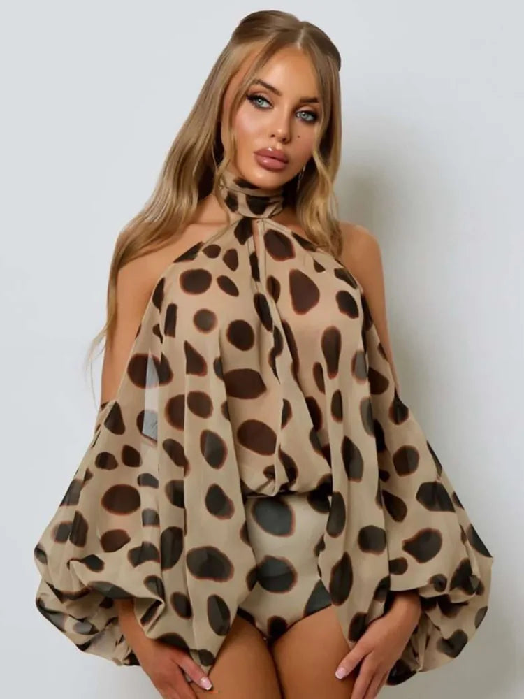 Women Halter Off Shoulder Sexy Bodysuit 2 Piece Outfit Leopard Print Sheer Blouse Shorts Set Clubwear Matching Sets