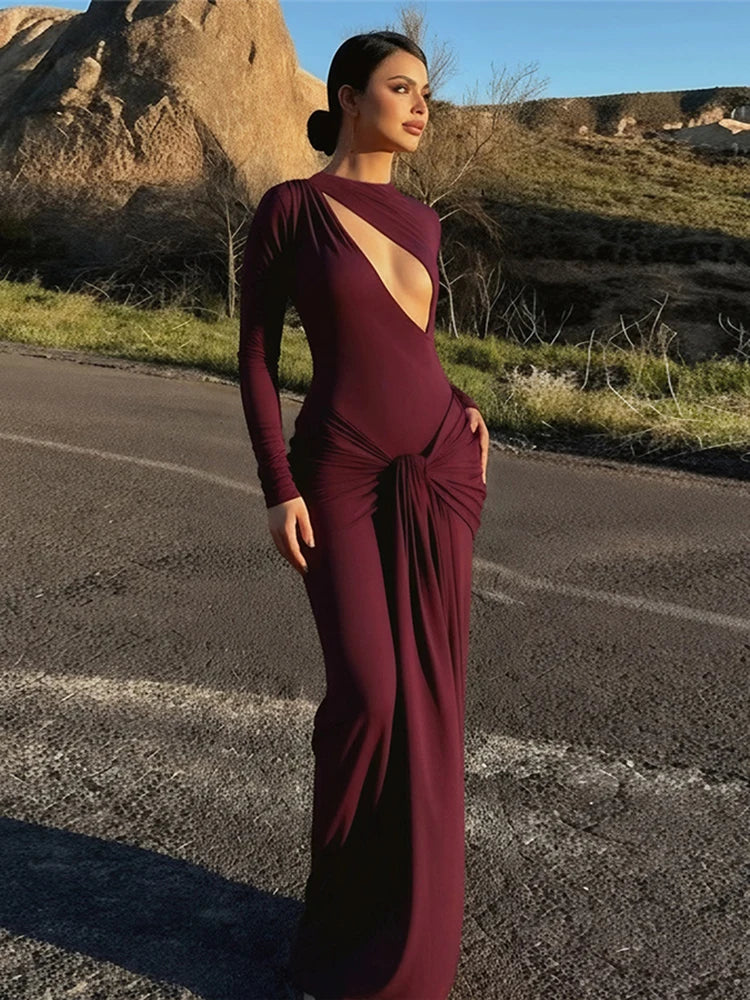 Christmas Hollow Maxi Dress Women o-Neck Folds Flare Sleeve Bandage Long Tassel Solid Skinny Elegant Banquet Vestidos