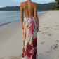 Floral Print Dress Women Bead Chain Halter Swing Collar Backless Vacation Fashion Beach Party Elegant Long Bodycon