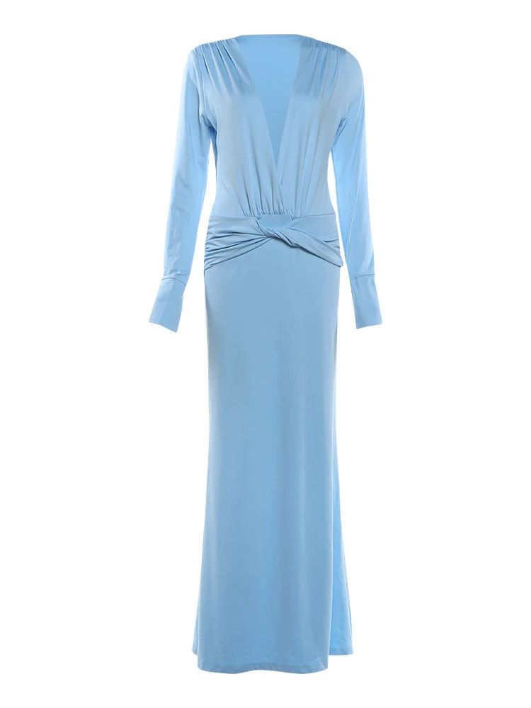 Autumn New Trend Casual Elegant Long Dress Woman Deep V-Neck Full Sleeve Ruched Shape Waist Daily Simple Style Vestidos