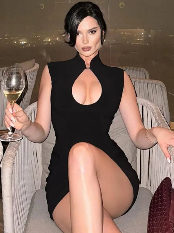 Plunge Neck Sleeveless Sexy Mini Dress Women Elegant Black Cut Out Hollow Out Slinky Club Party Dress Female Clothes