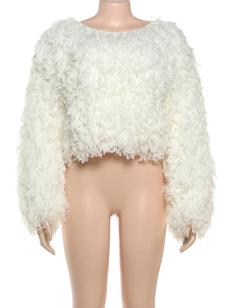 Street Fashion 2 Piece Set Woman o-Neck Full Sleeve Furry Tassel Sweater+Turtleneck Skinny Romper Causal Elegant Outfits