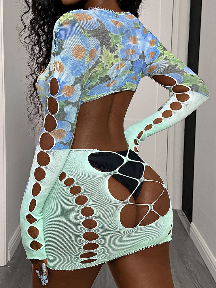 Sexy Mesh Hollow Dress Women Floral Frail Backless Colorful Chic Peach Hip Stretchy Skinny  Midnight Clubwear Bodycon