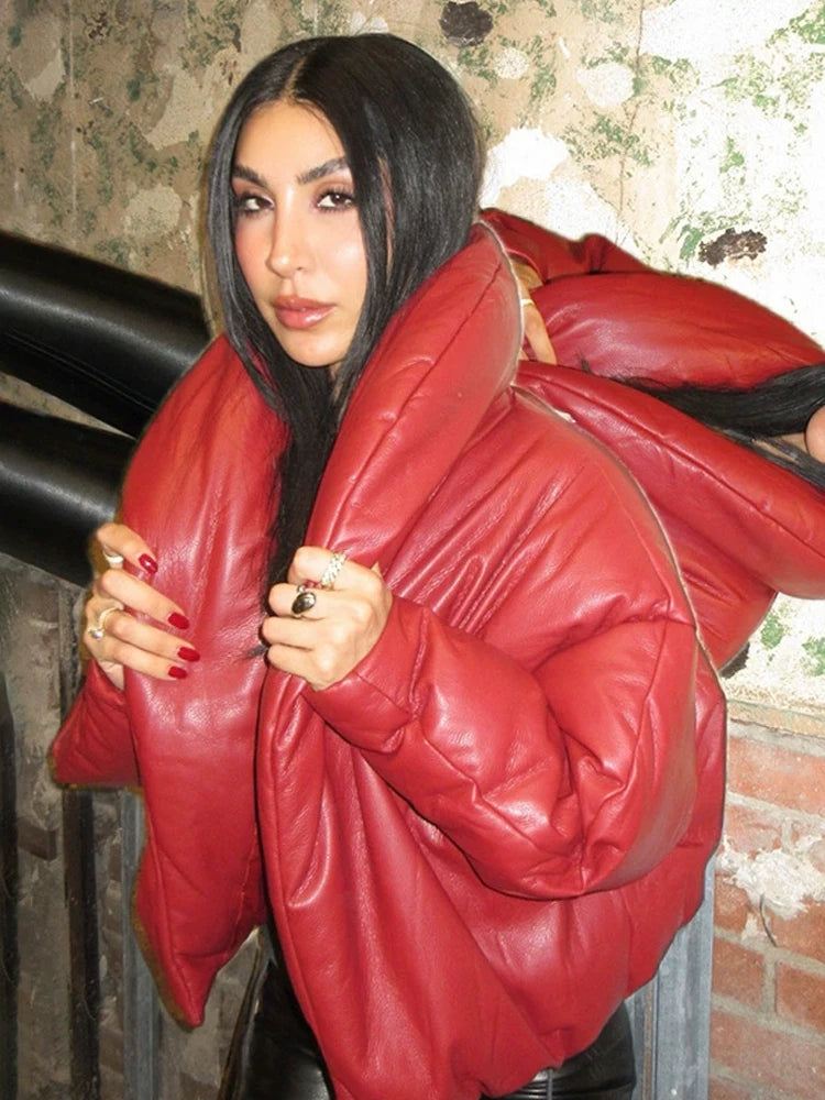 PU Waterproof Crop Puffer Jacket Women Winter Warm Leather Stand Collar Quilted Parkas Full Sleeve Streetwear Coat