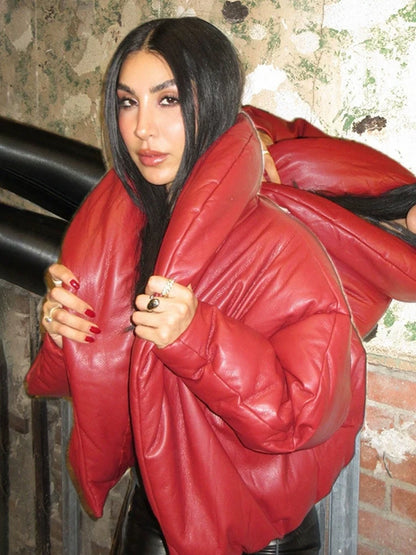 PU Waterproof Crop Puffer Jacket Women Winter Warm Leather Stand Collar Quilted Parkas Full Sleeve Streetwear Coat
