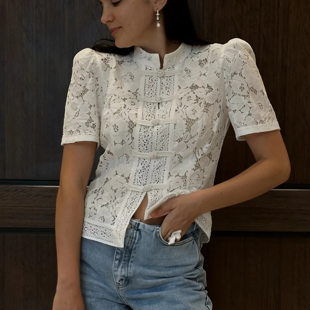 Women Y2K Vintage Lace Shirt Mandarin Collar Frog Button Puff Sleeve Floral Embroidery Cropped Blouse Elegant Casual Top
