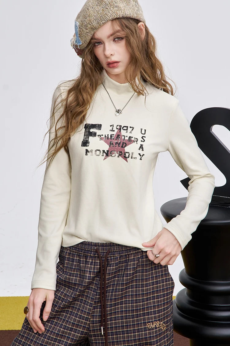 2025 Winter New Arrivals Y2K Slim Fit Half Neck Graphic Long Sleeve T-shirt For Woman