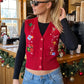 Women Christmas Embroidery Knit Waistcoat V Neck Sleeveless Button Front Cropped Sweater Vest Patterns Xmas Daily Wear