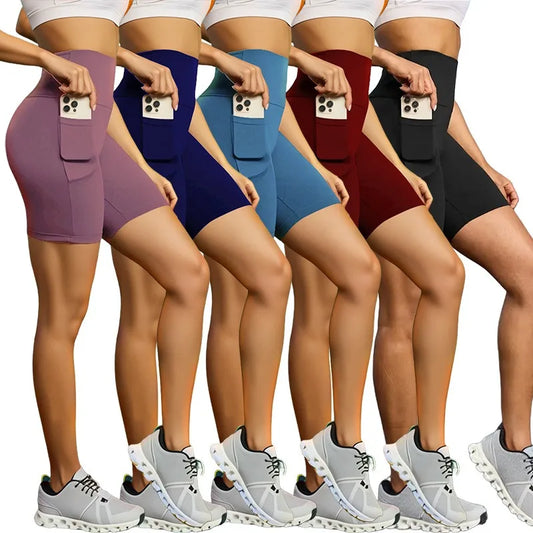 Women Pocket Sports Shorts Big Size Yoga Leggings Outdoor Wearling High Elastic Skinny Shorts Running Cycling Three Point Shorts