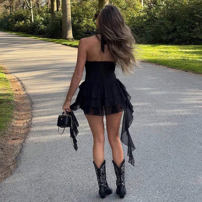 Sexy Black Jumpsuits Street Wear Rave Outfits Deep V Mesh Ruffle Fringe Rompers Woman Summer Clothes