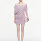 Irregular Sleeve Dress Women Slash Neck Folds Solid Mesh Elegant High Street Prom Party Fashion Show Mini Bodycon