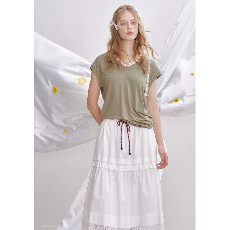Minimalist Cute Lace Solid Flutter Sleeve Design Tshirt For Women