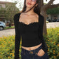 Lace Trim Square Neck Long Sleeve Tops Solid Color Tees Tight Fitted T Shirts Sexy Fall Clothes for Woman