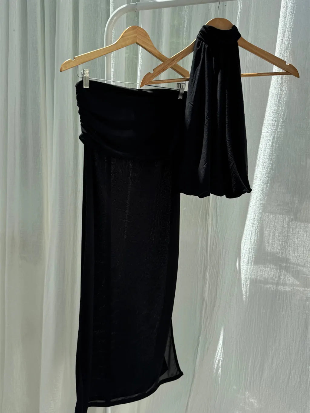 Halter Backless Crop Top And Ruched Maxi Skirt 2 Piece Set Sheer Mesh Sleeveless Y2K Summer Outfits For Women Club Party