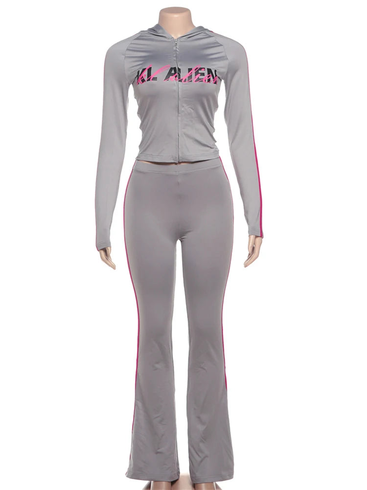 Sporty Stripes 2-Piece Set Women Zipper Letter Print Hooded Crop Tops+Pants Elasticity Fashion Autumn Casual Streetwear