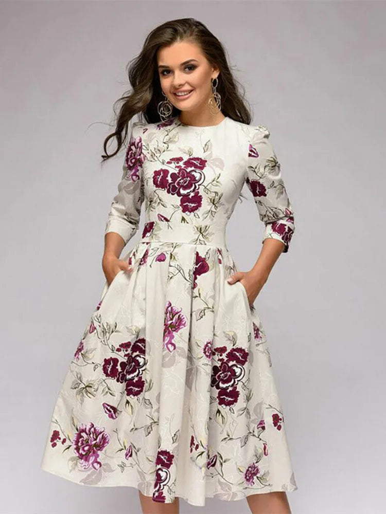 Vintage pleated tunic print dress women Elegant ladies A line dresses Long sleeve female autumn mixi party dress vestidos