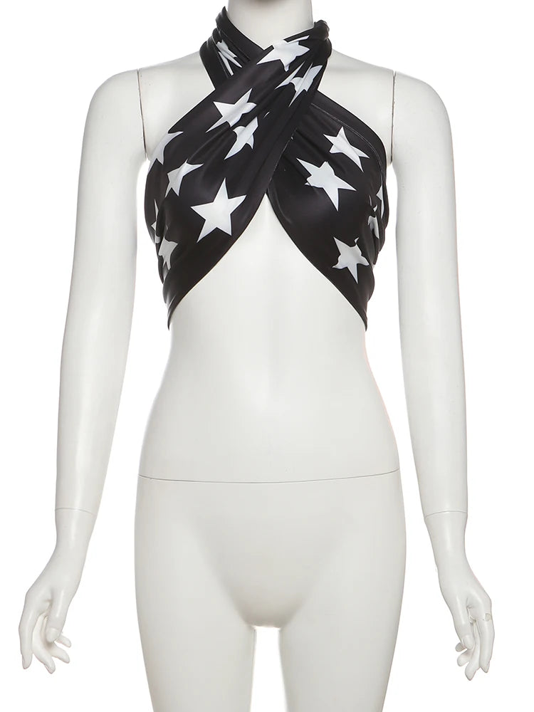 Five Star Print Tank Tops Women Y2K Basic Cross Halter Bandage Backless Sleeveless Streetwear Sexy Club Midnight Vest