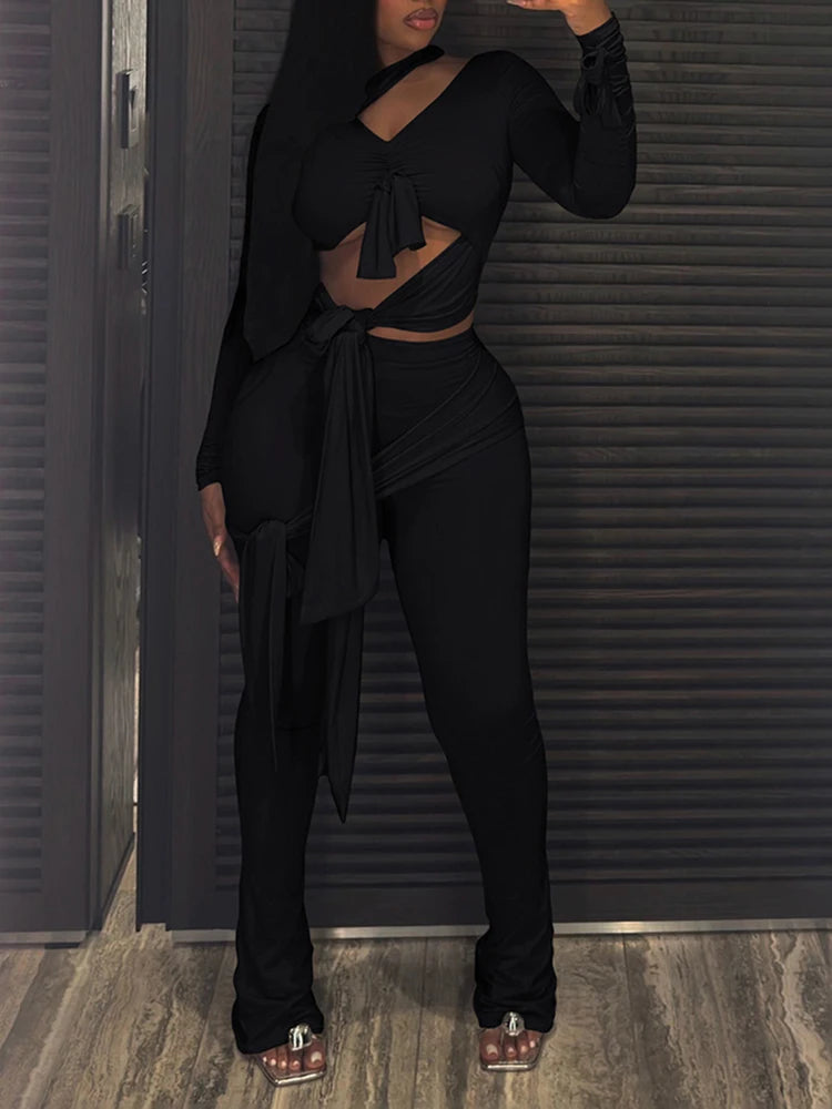 Irregular Knot 2-piece set Women Patchwork Full Sleeve Hollow Top+Flare Pants Sexy Tassel Stretch Clubwear Overalls