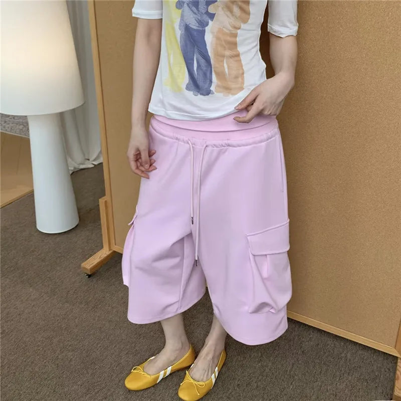Ladies High Waist Cargo Cropped Sweatpants Oversized Wide Leg Baggy Joggers with Pockets for Casual Streetwear
