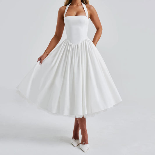 Women Halter Corset Midi Dress Sleeveless Backless A-line Swing Dress Vintage Coquette Long Dress Party Wedding