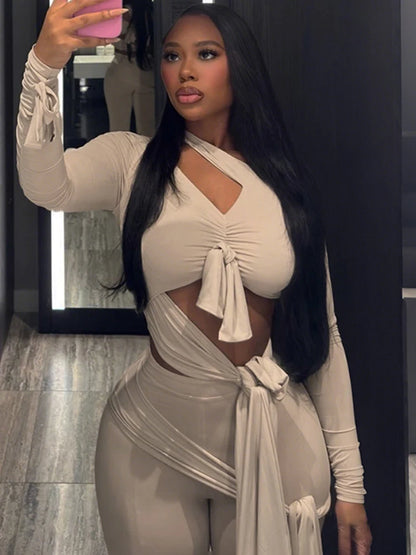 Irregular Knot 2-piece set Women Patchwork Full Sleeve Hollow Top+Flare Pants Sexy Tassel Stretch Clubwear Overalls