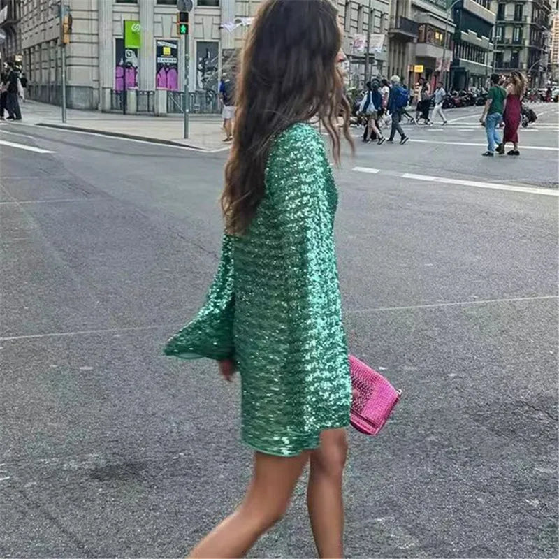 Sequins Women Short Dresses Sexy Long Flare Sleeve V Neck Glitter Club Dress Hollowed Summer Hip Package Party Outfit