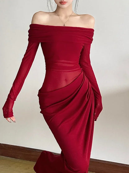 Off Shoulder Long Dresses See Through Mesh Spliced Black Dinner Dress Sexy Elegant Birthday Outfits