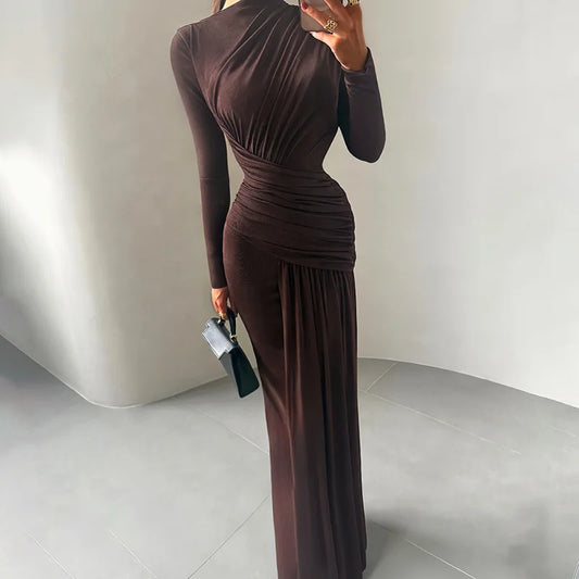 Long Sleeve Pleated Maxi Dress Elegant Woman Clothing Evening Wear Party Dresses Fall Winter