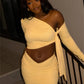 Fashion 2 Piece Set Women Trend Off-Shoulder Skew Collar Full Sleeve Crop Tops+Ruched Skirt Elegant Party Club Suit