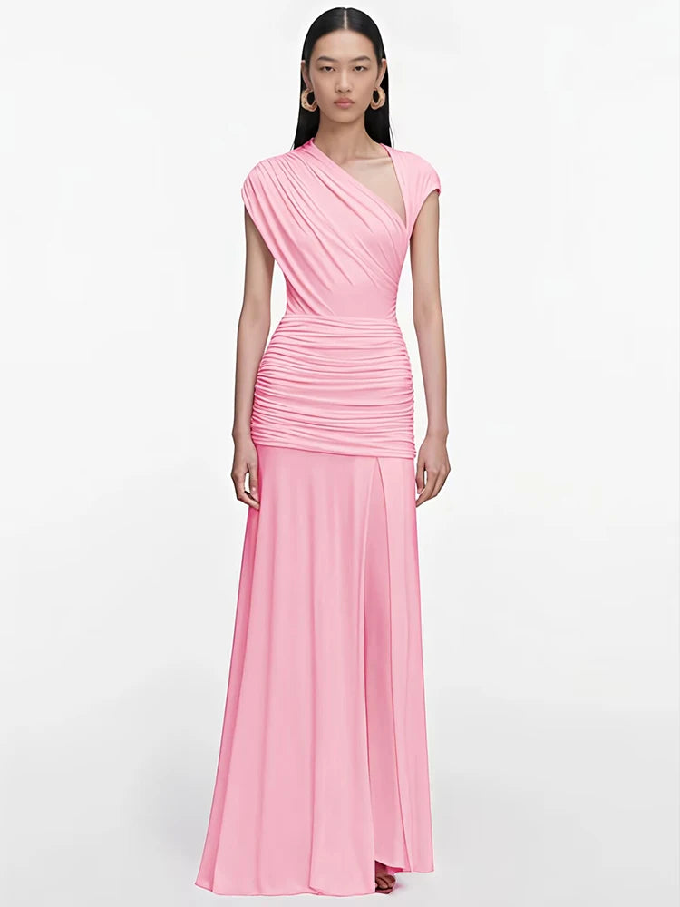 Women One Shoulder Sexy Maxi Dress Women Elegant Pink Bodycon Ruched Club Party Long Dresses Evening Cocktail Dresses