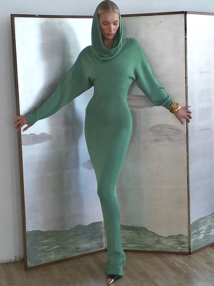 Elegant Sexy Hooded Dress Women Autumn Trend Full Sleeve New Style Simple Solid Christmas Stretch Skinny Maxi Bodycon