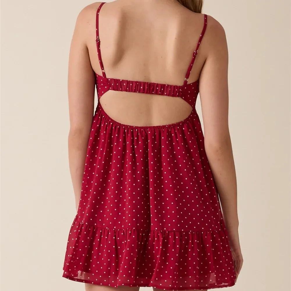 Women Slip Dress Spaghetti Straps Backless Y2K Dots Print Loose fIT Summer Mini Dress Vacation Party Beach Sundress