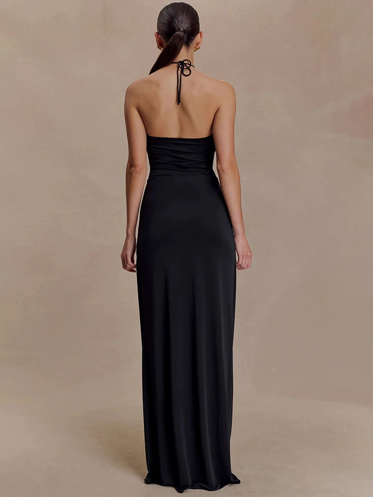 Halter Off-shoulder Backless Sexy Maxi Dress Women Elegant Metal Decoration Draped Ruched Bodycon Club Party Dress