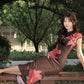 Short Sleeve Skinny Button Flower Print Women Stand-Up Collar Elegant Chinese Style Summer Trend Daily Classic Vestidos