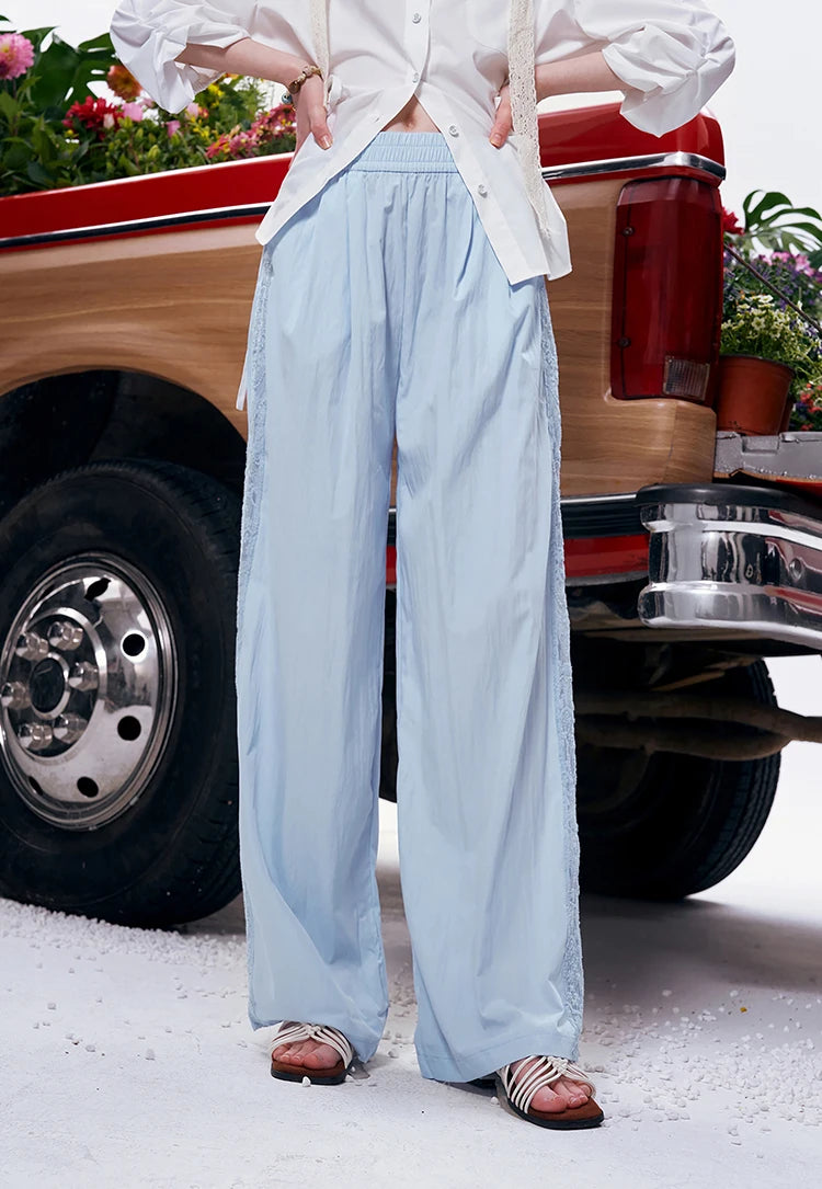 Lace Trim Wide Leg Elastic Waist Pants, Lightweight Casual Trousers, Romantic Versatile Daily Wear for Women