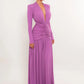 Women Glitter Maxi Evening Dress Deep V Neck Long Sleeve Ruched High Slit Formal Party Dress For Wedding Guest Prom