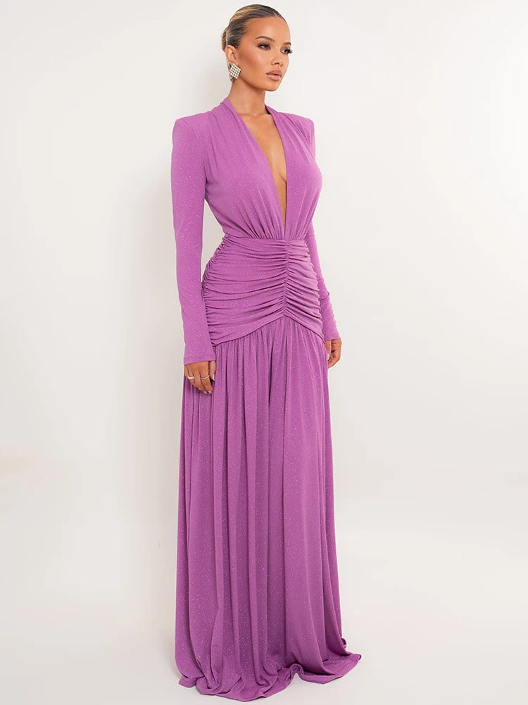 Women Glitter Maxi Evening Dress Deep V Neck Long Sleeve Ruched High Slit Formal Party Dress For Wedding Guest Prom