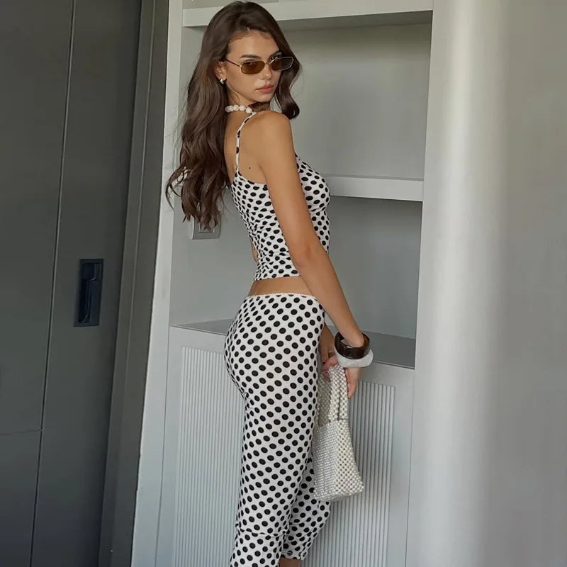 Y2K Women Polka Dot Two Piece Set Spaghetti Cami Crop Top and Slim Capri Pants Streetwear Outfit Casual Daily Vacation