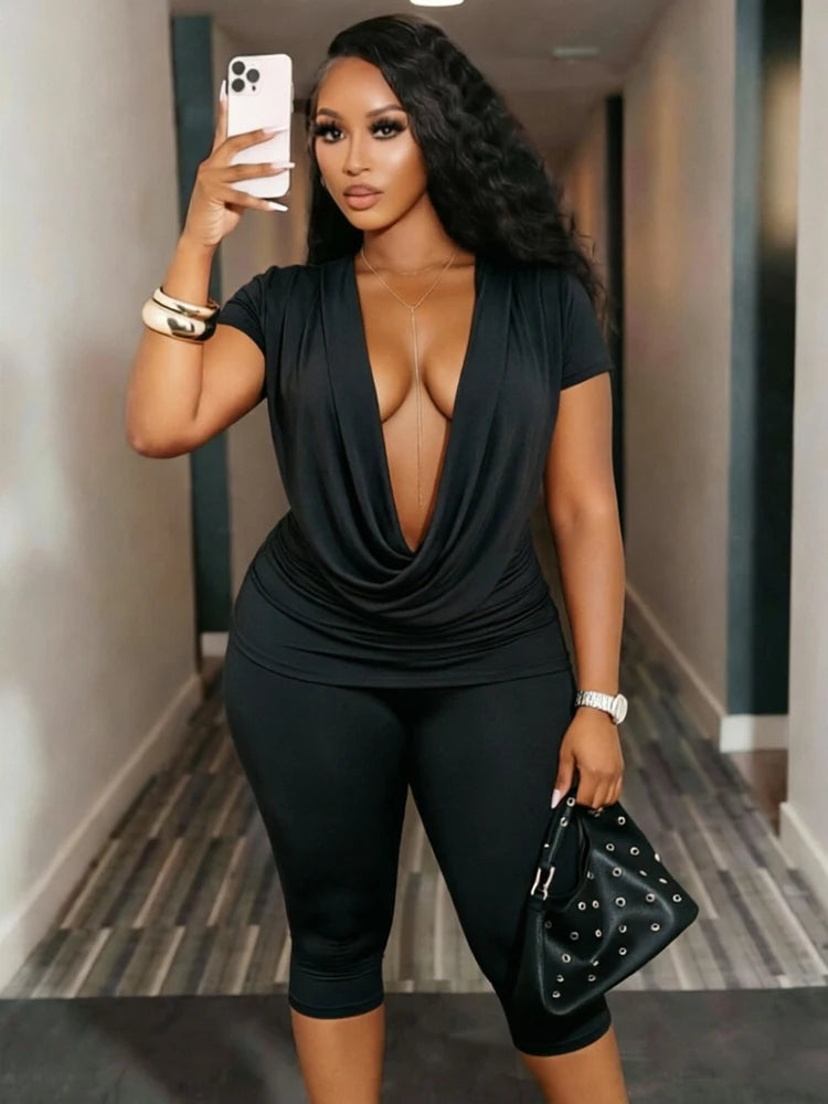 Sexy 2-Piece Set Women Swing Collar t-Shirt+Simple Classic Short Solid Street Sexy Midnight Matching Comfortable Suit