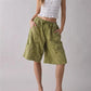 Cargo Bermuda Shorts Women Drawstring Elastic Waist Multi Pocket Loose Wide Leg Jort Y2K Street Casual Capri Bottoms