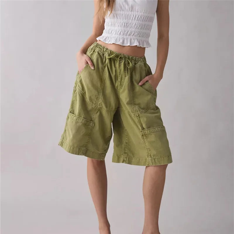 Cargo Bermuda Shorts Women Drawstring Elastic Waist Multi Pocket Loose Wide Leg Jort Y2K Street Casual Capri Bottoms