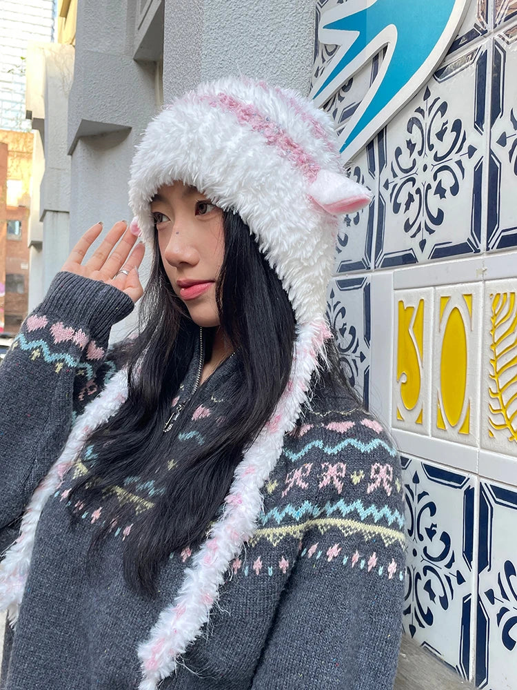 Y2K Sweet Macaron Goat Ear Pom Pom Beanie For Women