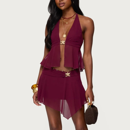 Sexy Women's Mesh Skirt Set Summer Fashionable Sleeveless Halter Neck Tops with Mini Skirt 2 Piece Outfit Party Clubwear