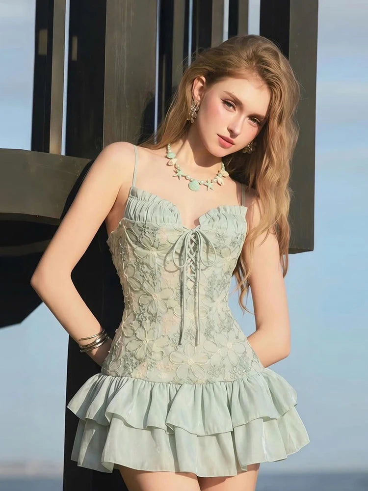 Patchwork Ruffles Dress Women Flower Decoration Cross Bandage Sleeveless Slim Sweet Summer Beach Party Mini Bodycon